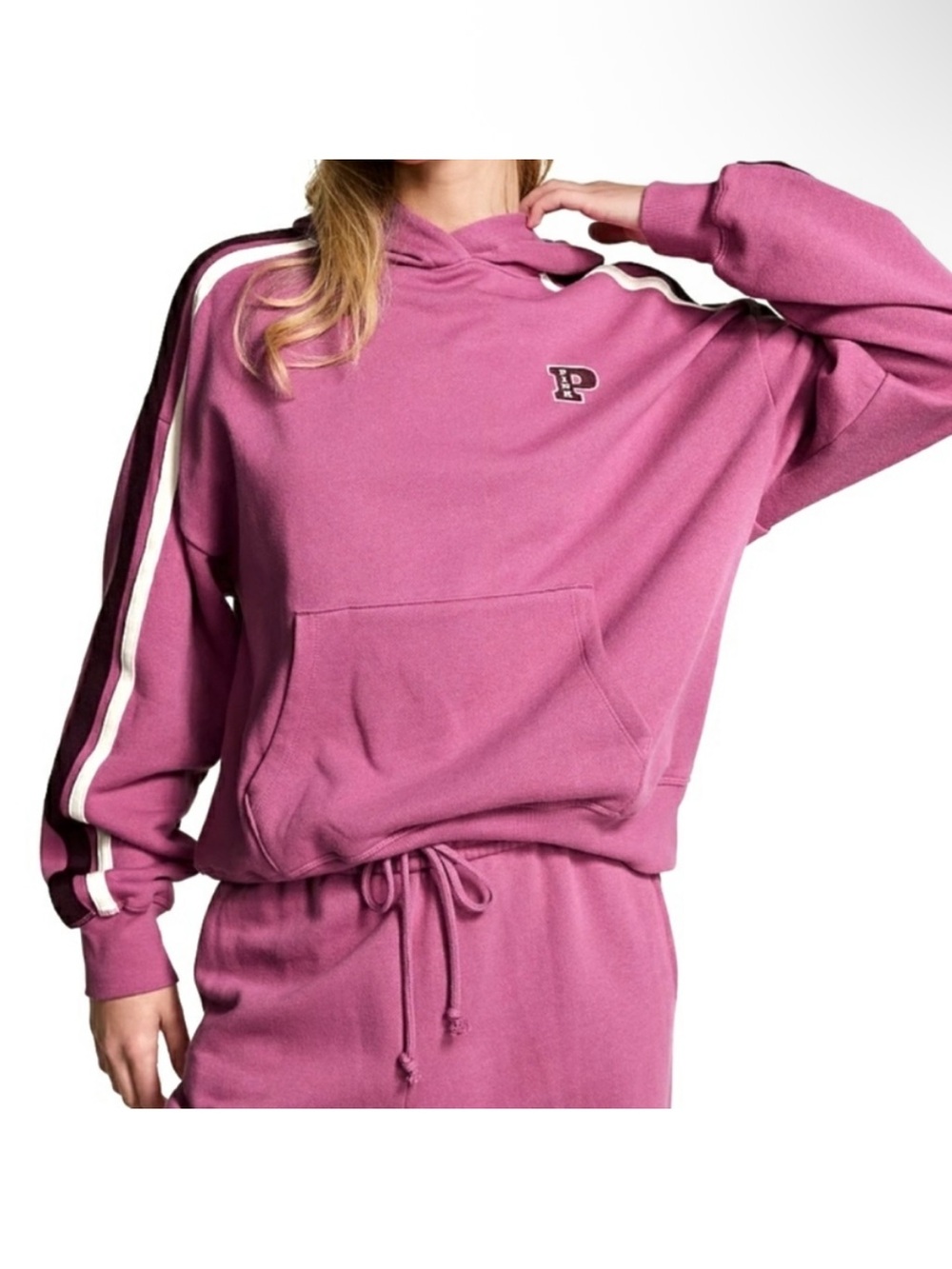 Victorias Secret PINK Pink Striped Long Sleeve Campus Hoodie Relaxed Pullover